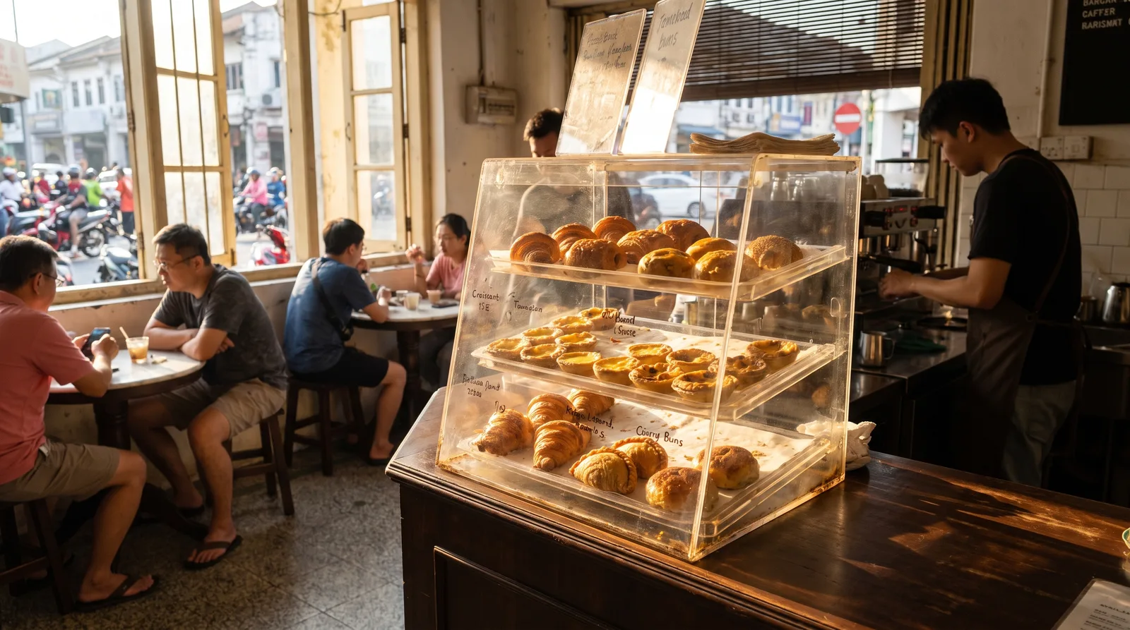 acrylic pastry display case on a cafe counter with baked goods inside, warm morning light