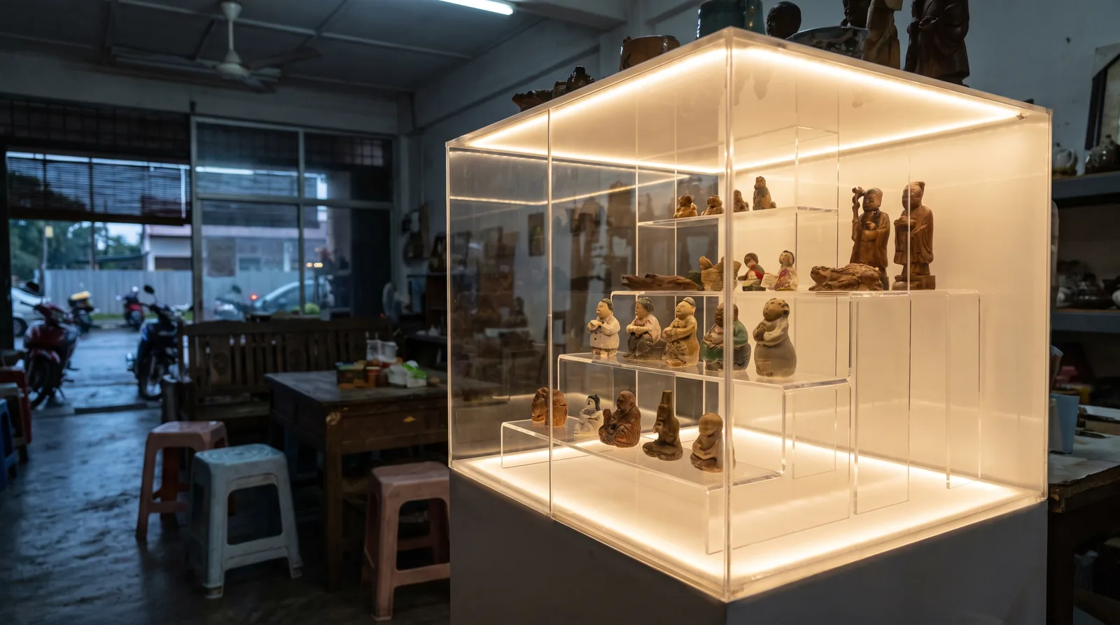 LED-lit acrylic display case glowing in a dim room, light washing evenly across the shelves