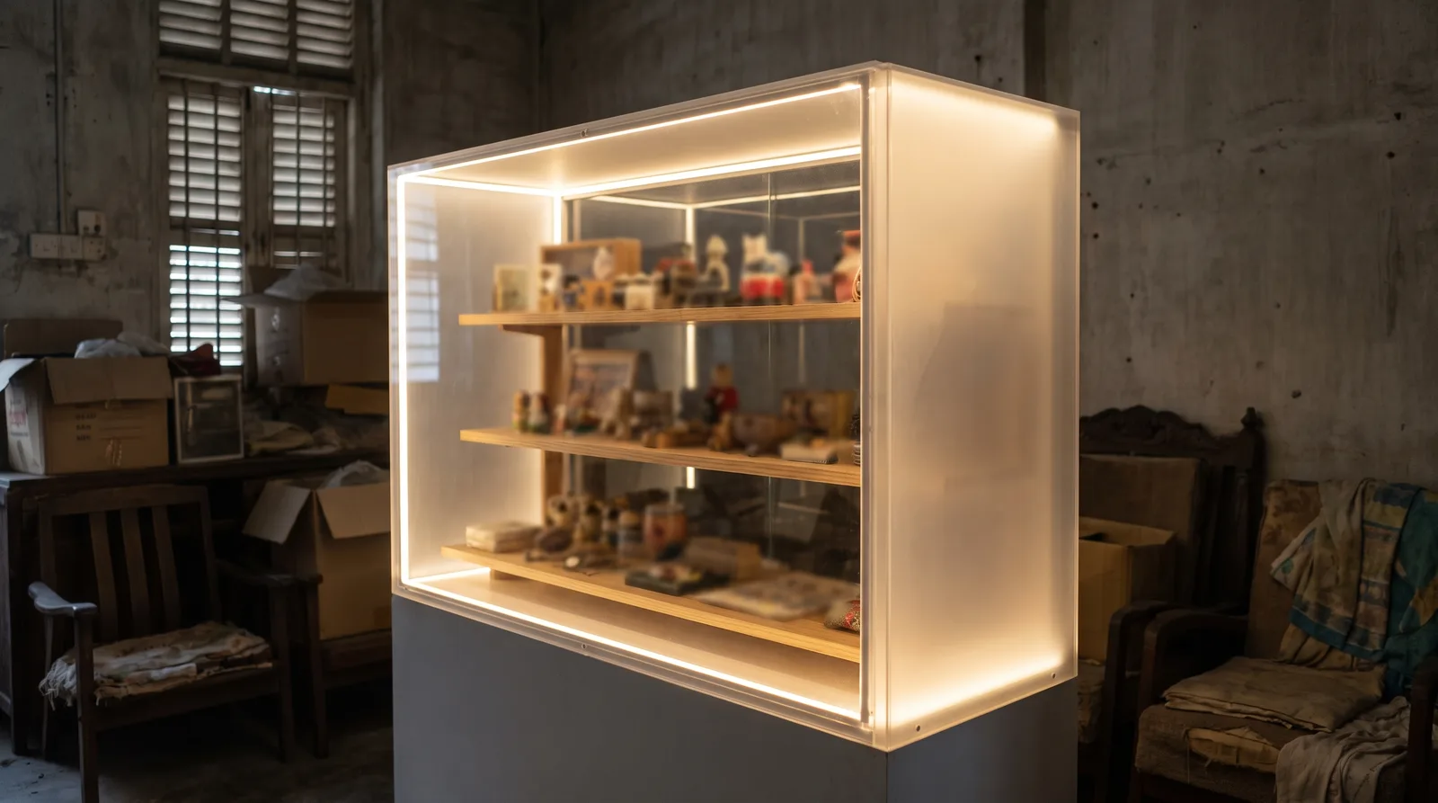LED-lit acrylic display case glowing in a dim room, light washing evenly across the shelves