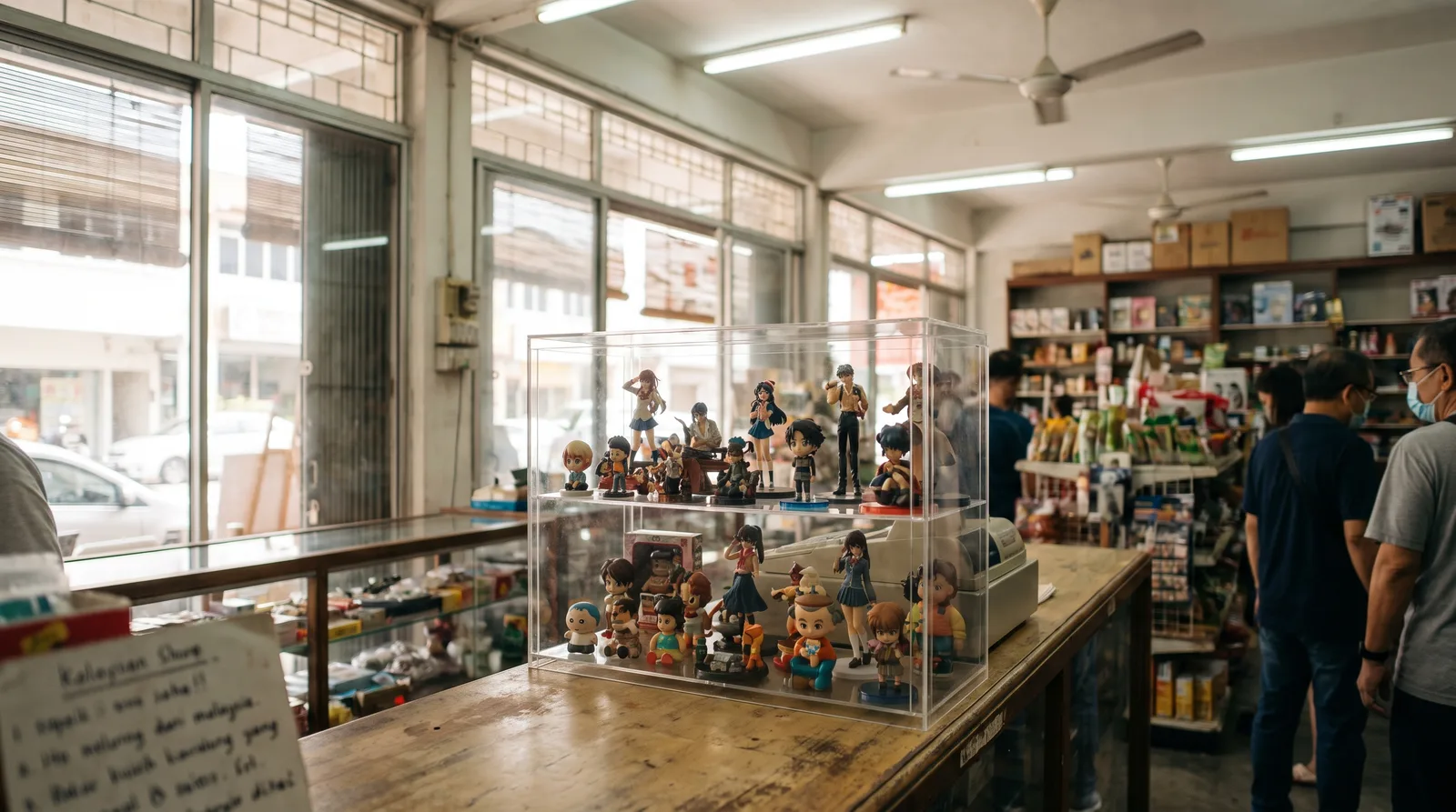clear acrylic display case on a retail counter holding collectible figurines, softly lit shop interior