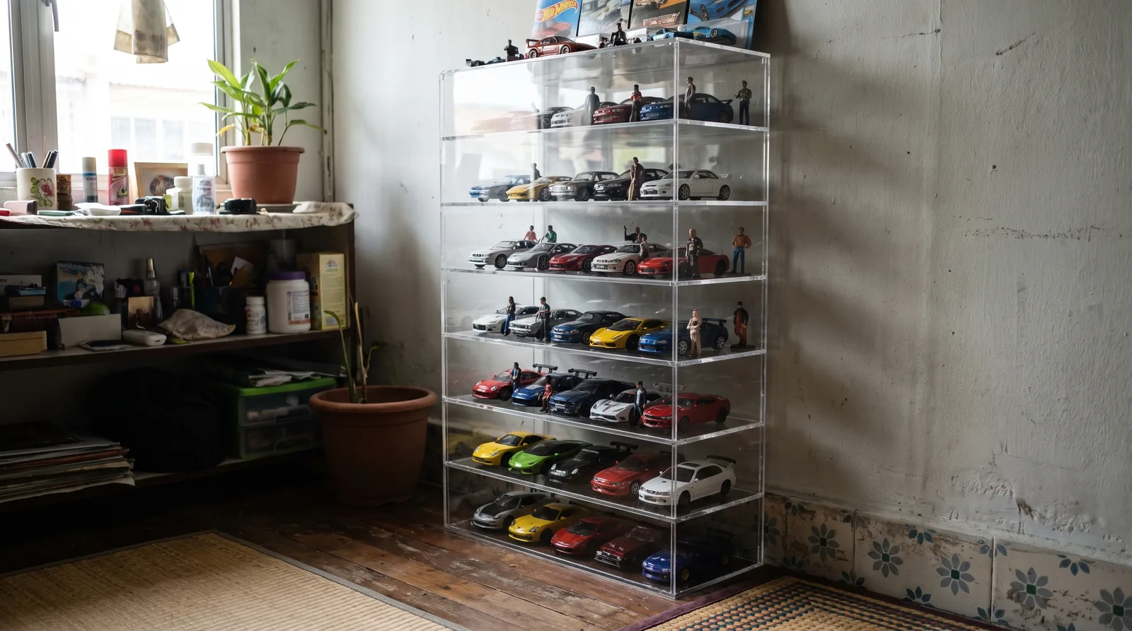 tall multi-tier acrylic display cabinet against a wall in a Malaysian home, filled with model cars and figures