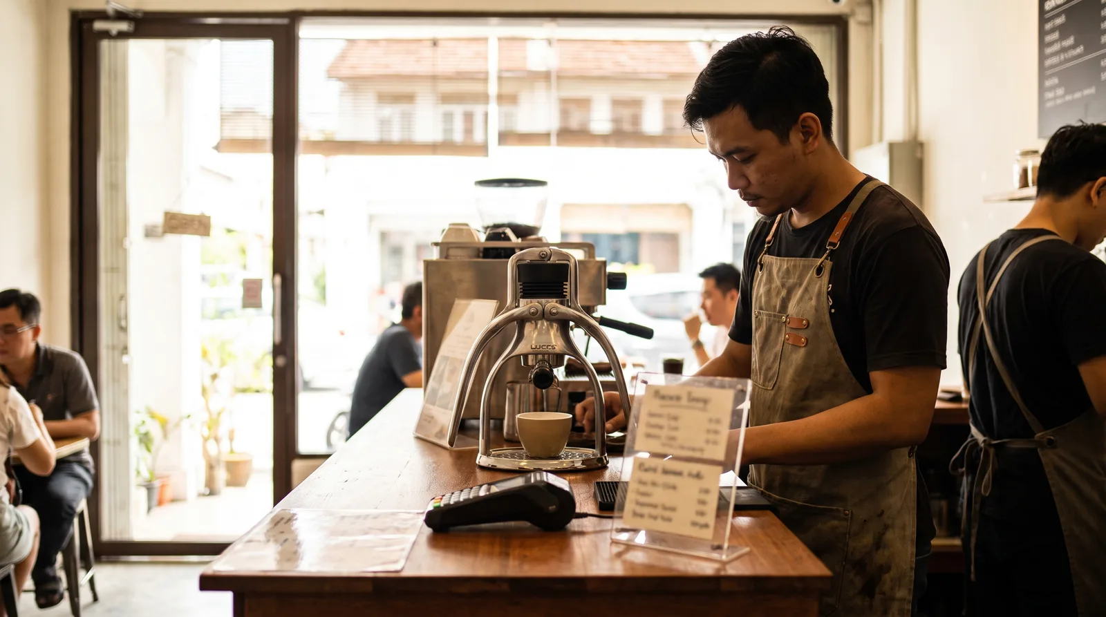cafe counter with a small acrylic stand next to the payment terminal, barista working behind