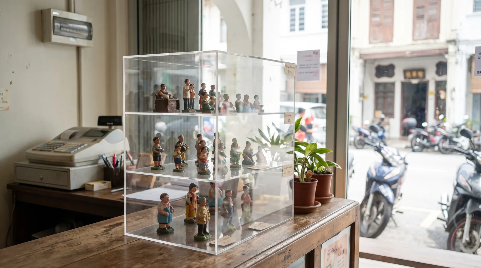 clear acrylic display case on a retail counter holding collectible figurines, softly lit shop interior