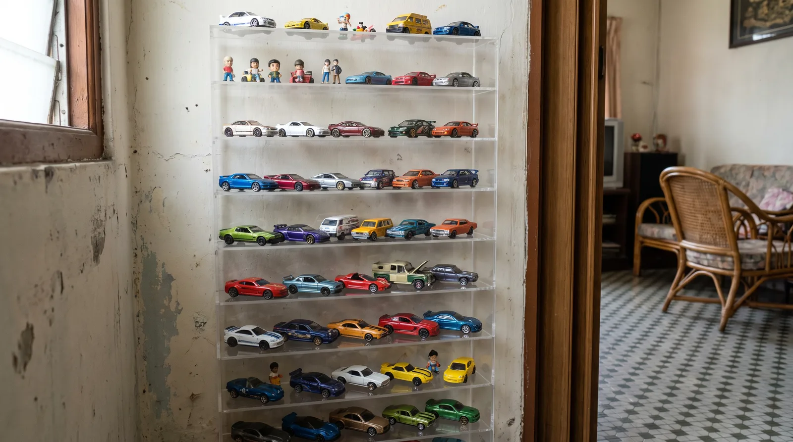 tall multi-tier acrylic display cabinet against a wall in a Malaysian home, filled with model cars and figures
