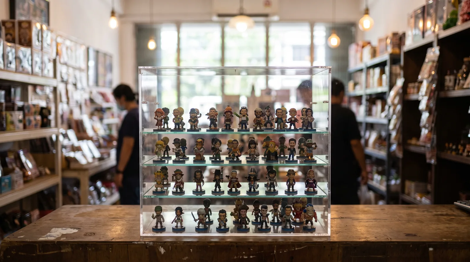 clear acrylic display case on a retail counter holding collectible figurines, softly lit shop interior