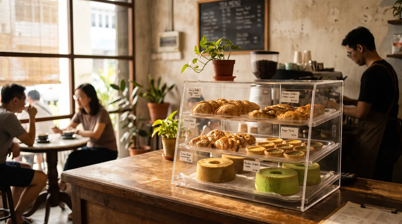 acrylic pastry display case on a cafe counter with baked goods inside, warm morning light