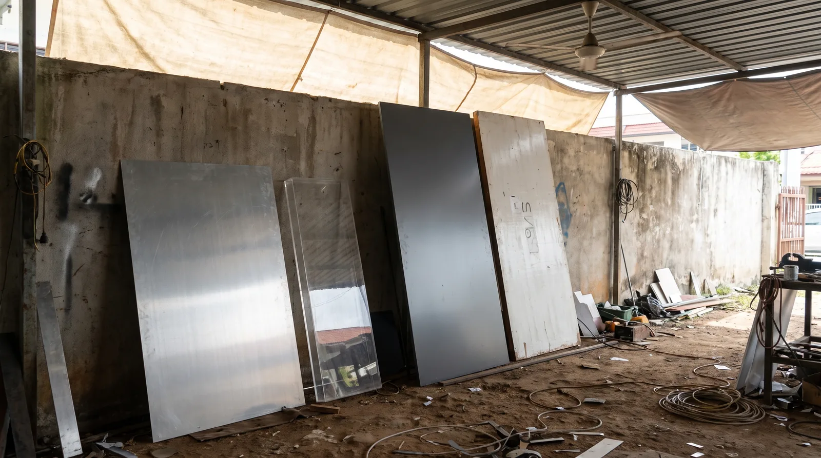 Sample panels of different signage materials propped side by side against a workshop wall: brushed metal, acrylic, compo