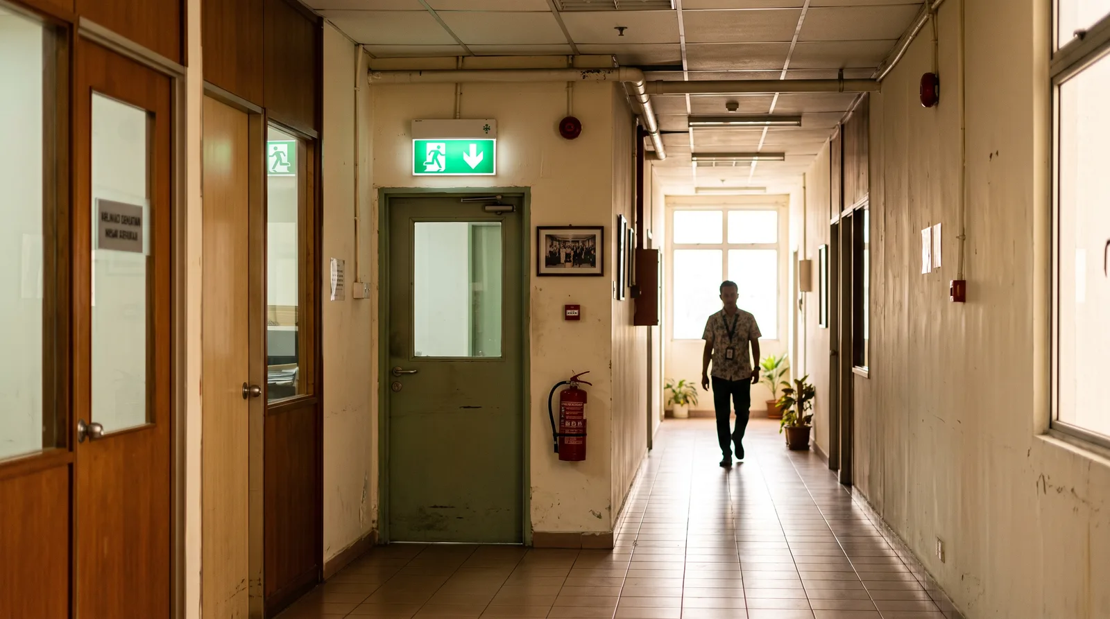 office corridor with an illuminated emergency exit sign above a doorway