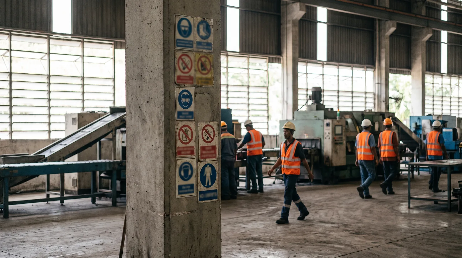 Malaysian factory floor with safety signage mounted on a pillar, workers in helmets and high-visibility vests in the bac