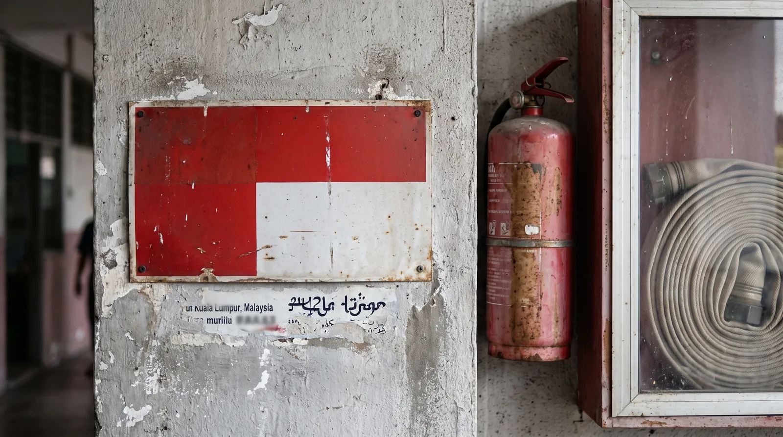 close-up of a red and white safety sign mounted on a painted wall beside fire equipment
