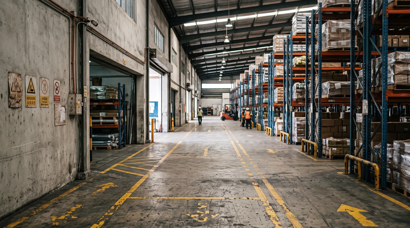 warehouse corridor with floor markings and wall-mounted warning signage receding into the distance