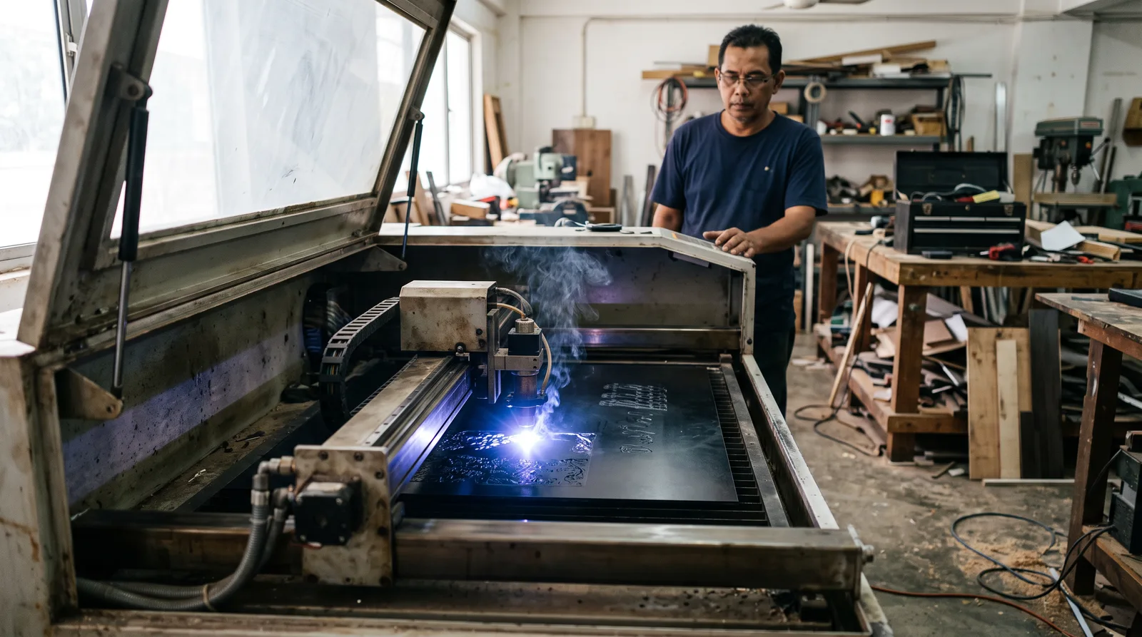 CO2 laser cutting machine engraving a flat sheet inside a workshop, bright beam spot and fine wisp of smoke