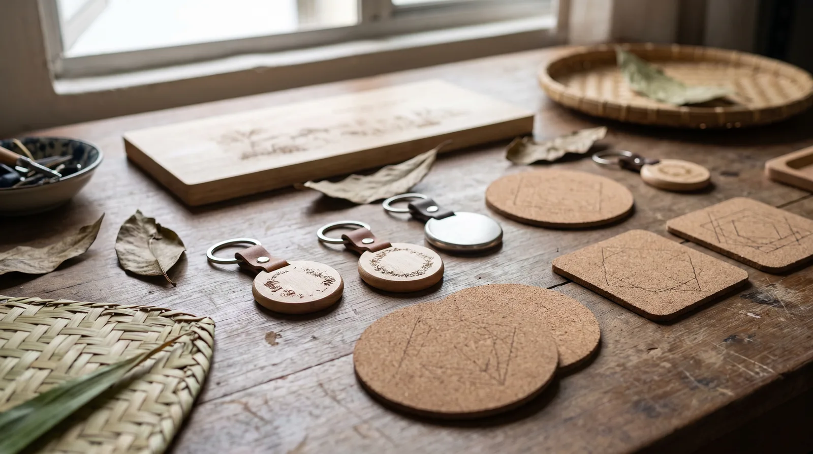flat-lay of laser-engraved gift items arranged on a wooden table: keyrings, coasters and a small plaque