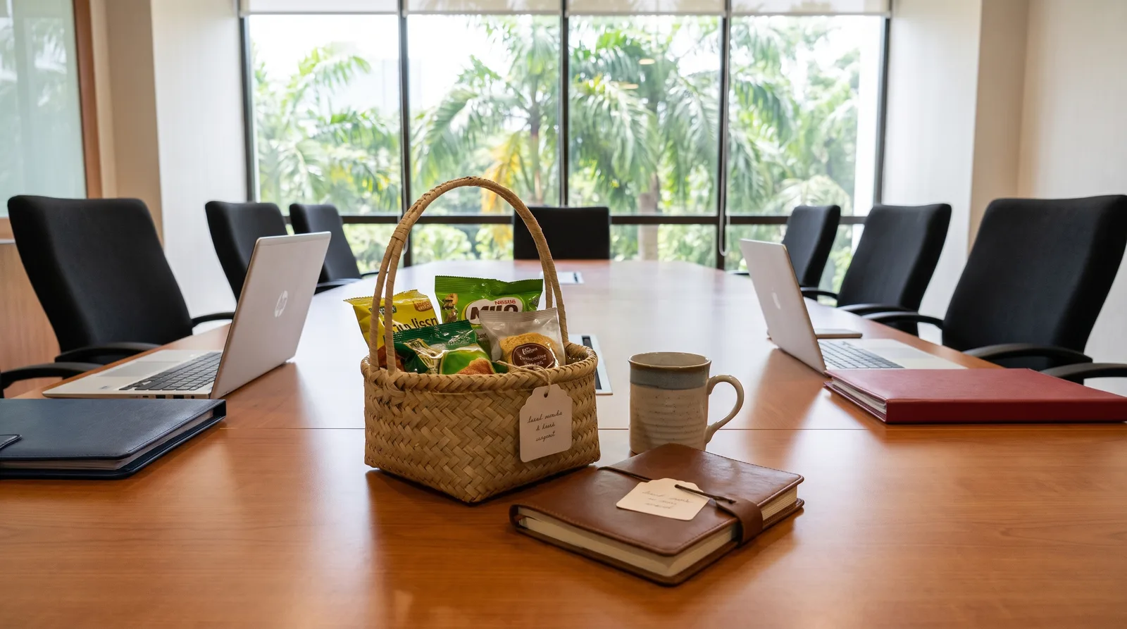 corporate gift set laid out on a meeting-room table before an event