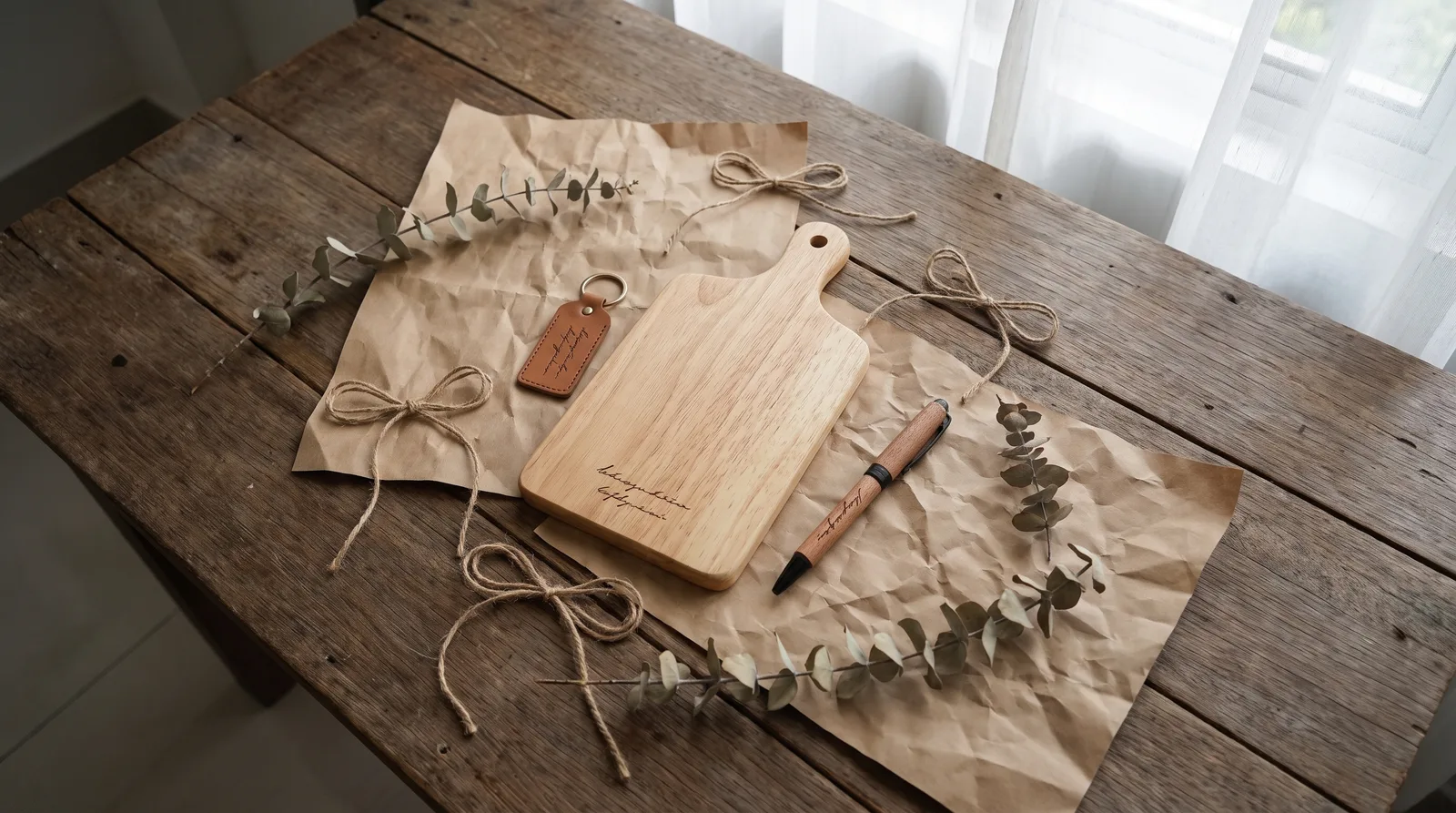 flat-lay of personalised engraved gifts arranged with kraft paper and ribbon on a wooden table