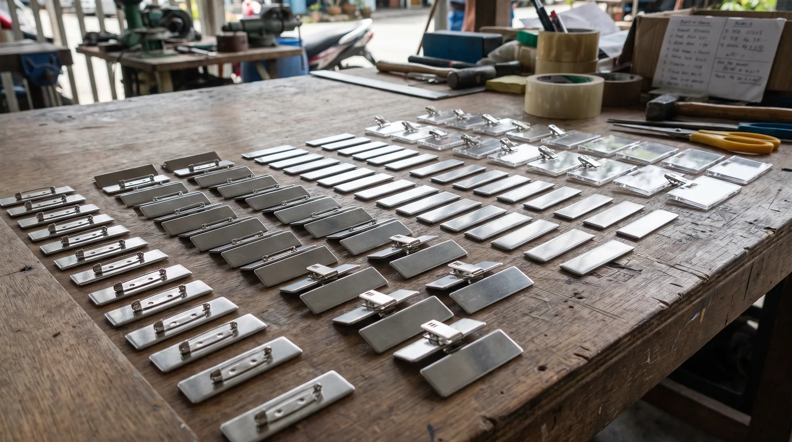 flat-lay of blank metal and acrylic name badges arranged in neat rows on a light surface