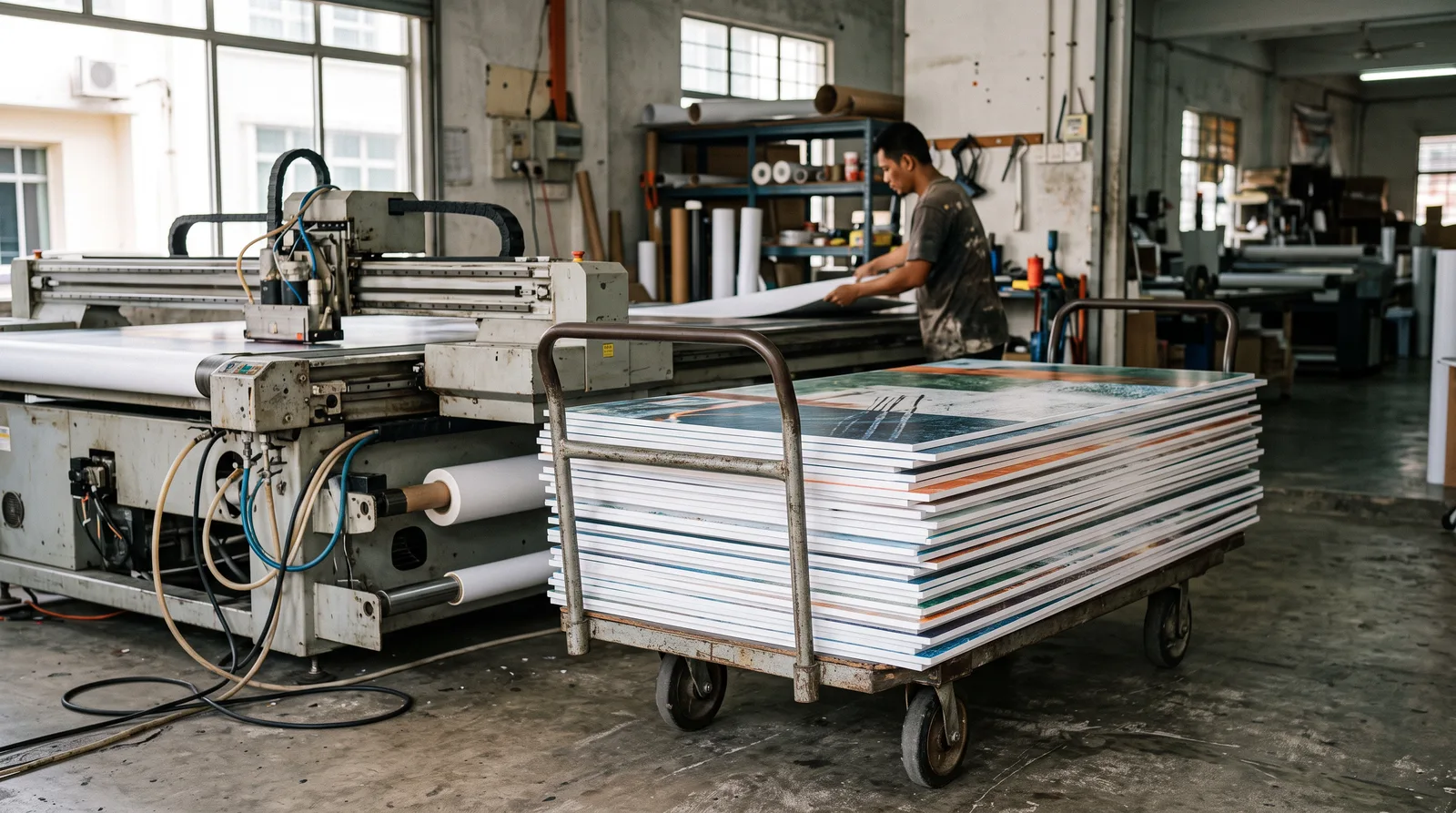 Freshly printed rigid boards stacked on a trolley beside a printing machine