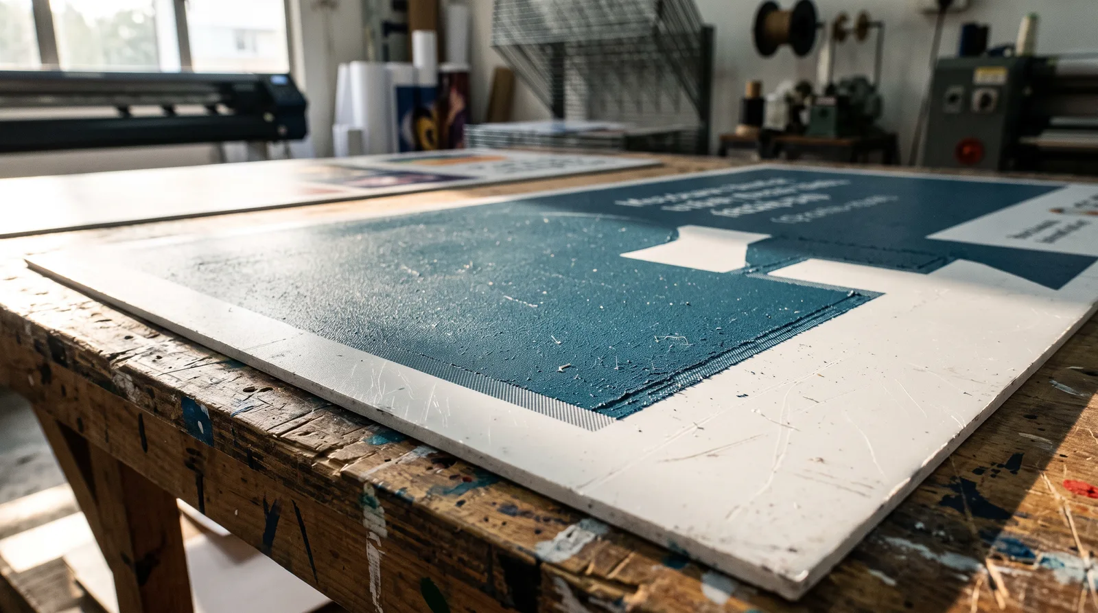 close-up of a printed rigid sheet surface showing crisp ink coverage under raking light