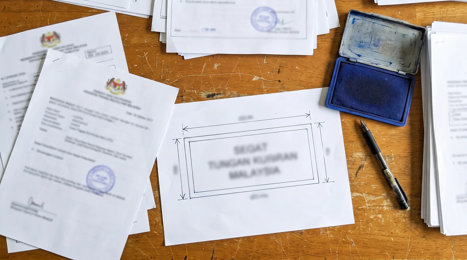 overhead desk shot of a signboard licence application file: printed forms, a scaled sign drawing with dimension arrows,