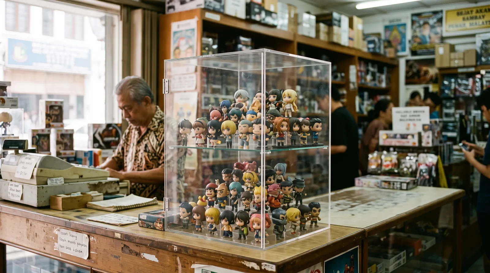 clear acrylic display case on a retail counter holding collectible figurines, softly lit shop interior