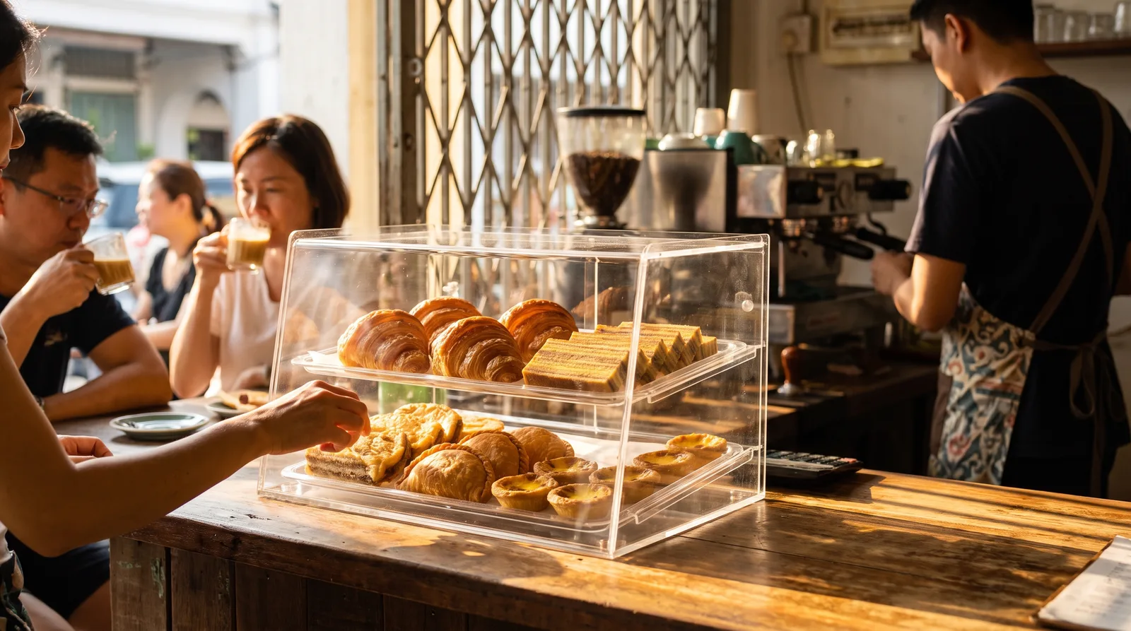 acrylic pastry display case on a cafe counter with baked goods inside, warm morning light