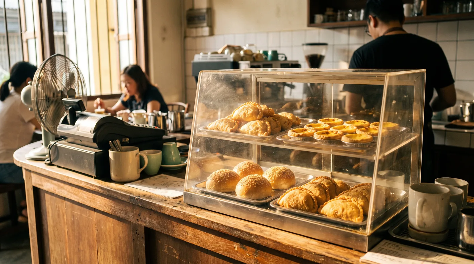 acrylic pastry display case on a cafe counter with baked goods inside, warm morning light