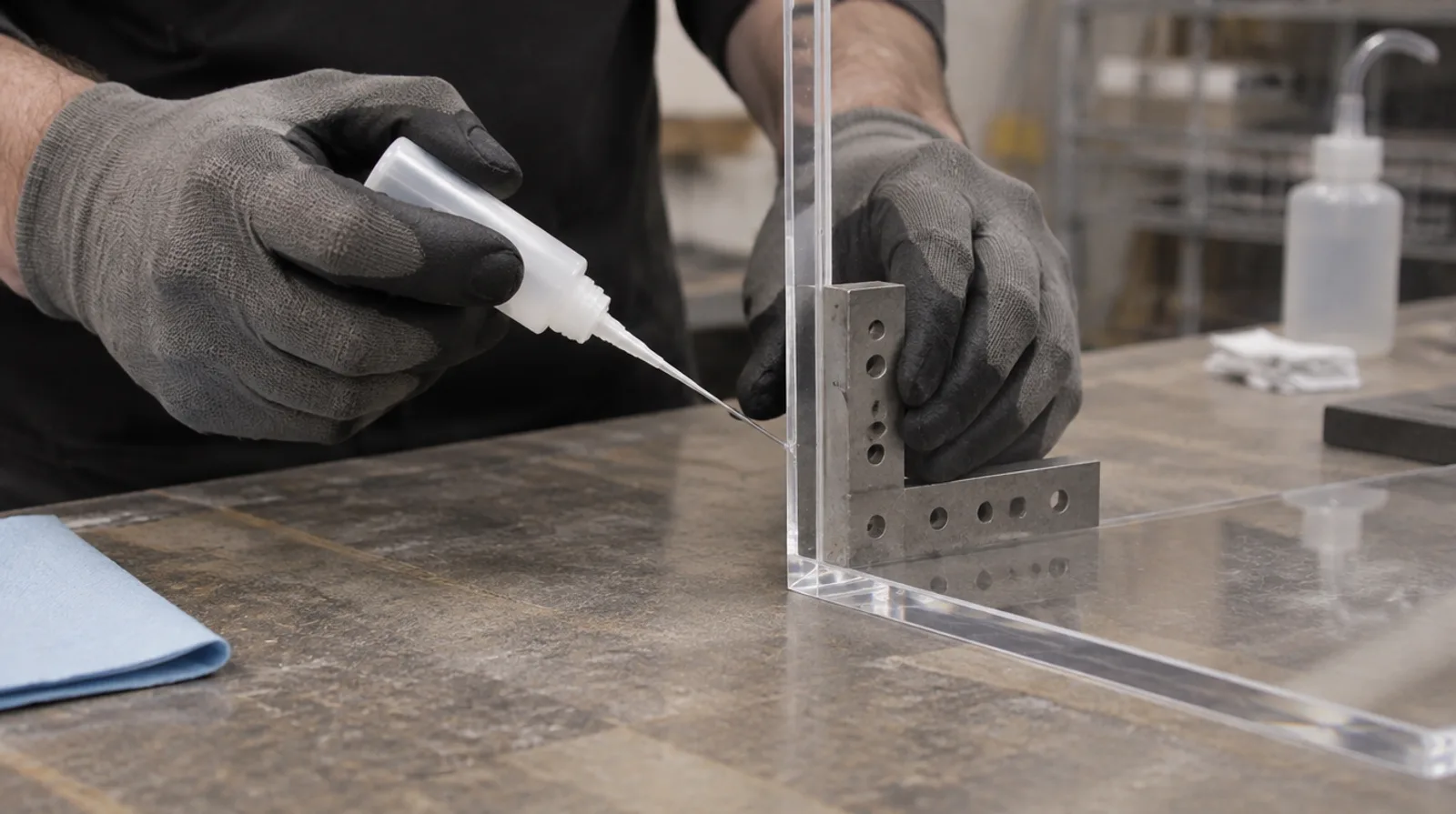 Fabricator applying clear solvent glue along the joint of two acrylic panels held in a square jig