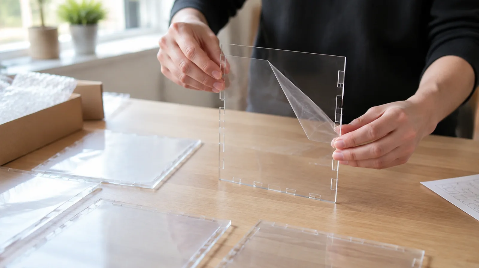 Hands slotting together flat-packed clear acrylic panels with interlocking finger-joint edges