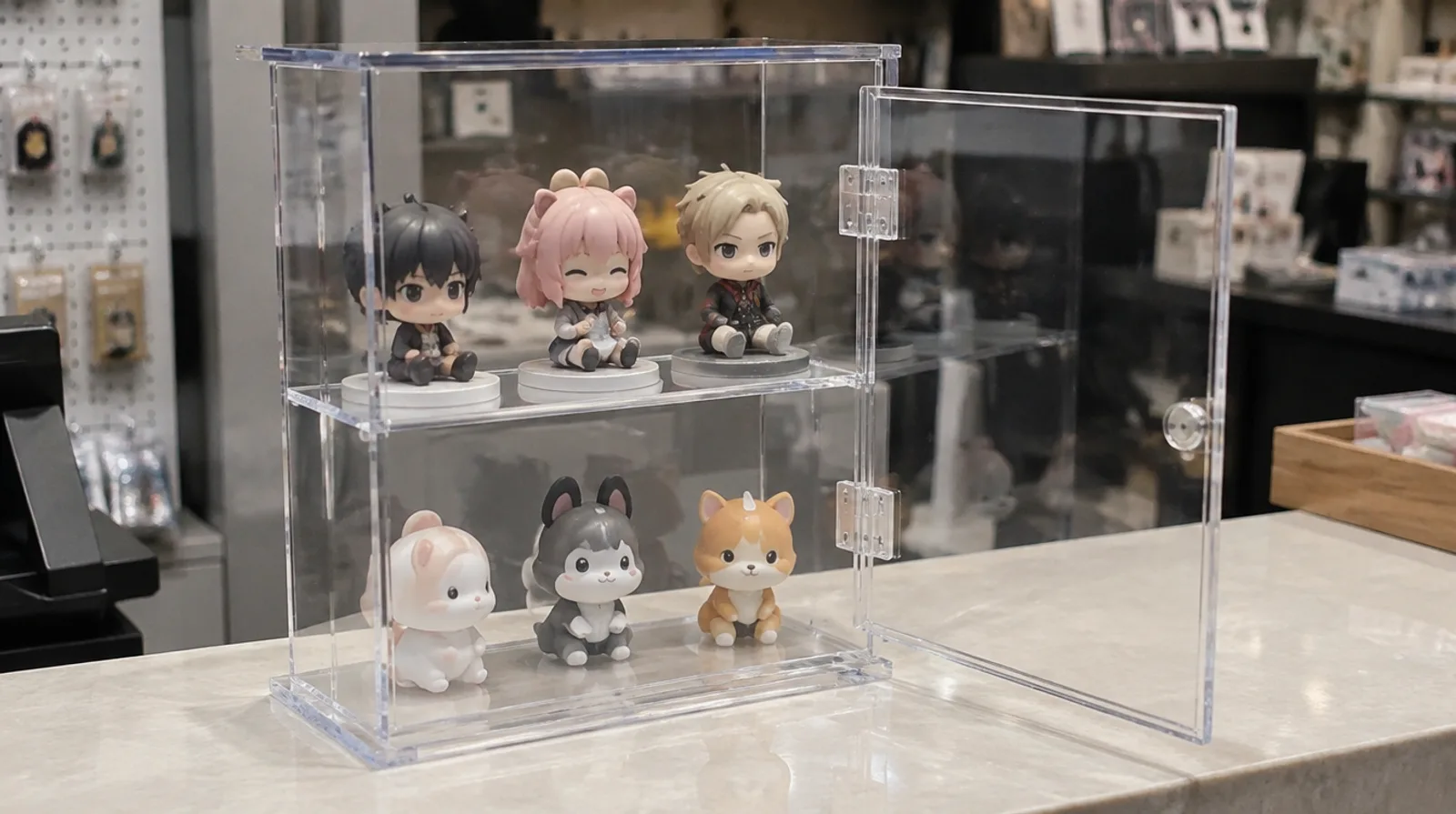 Clear acrylic display case with a hinged front door open and collectible figurines inside