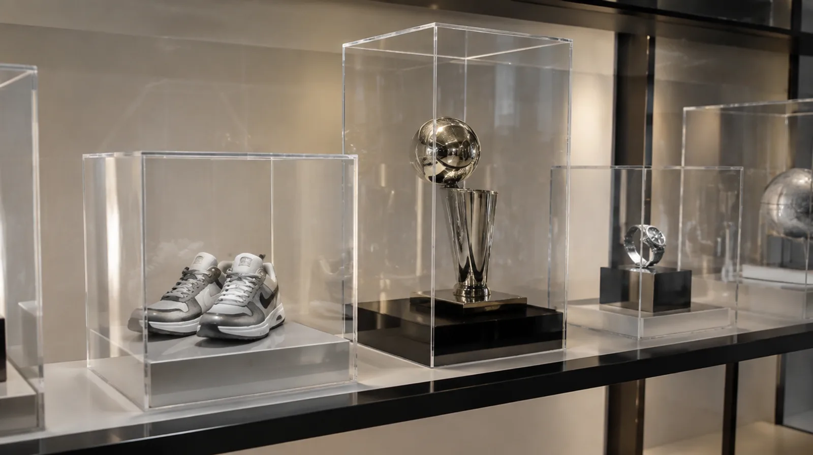 Several clear acrylic display cases of different sizes on a shop shelf holding a trophy and sneakers