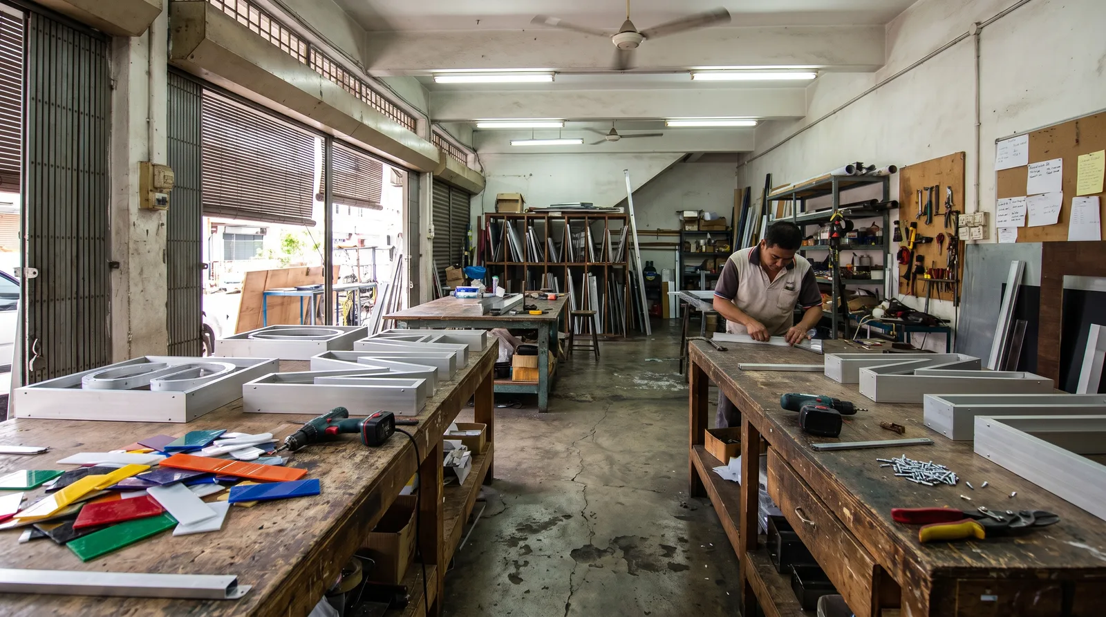 interior of a Malaysian signage workshop: aluminium box-up letter frames, acrylic offcuts and hand tools on a workbench