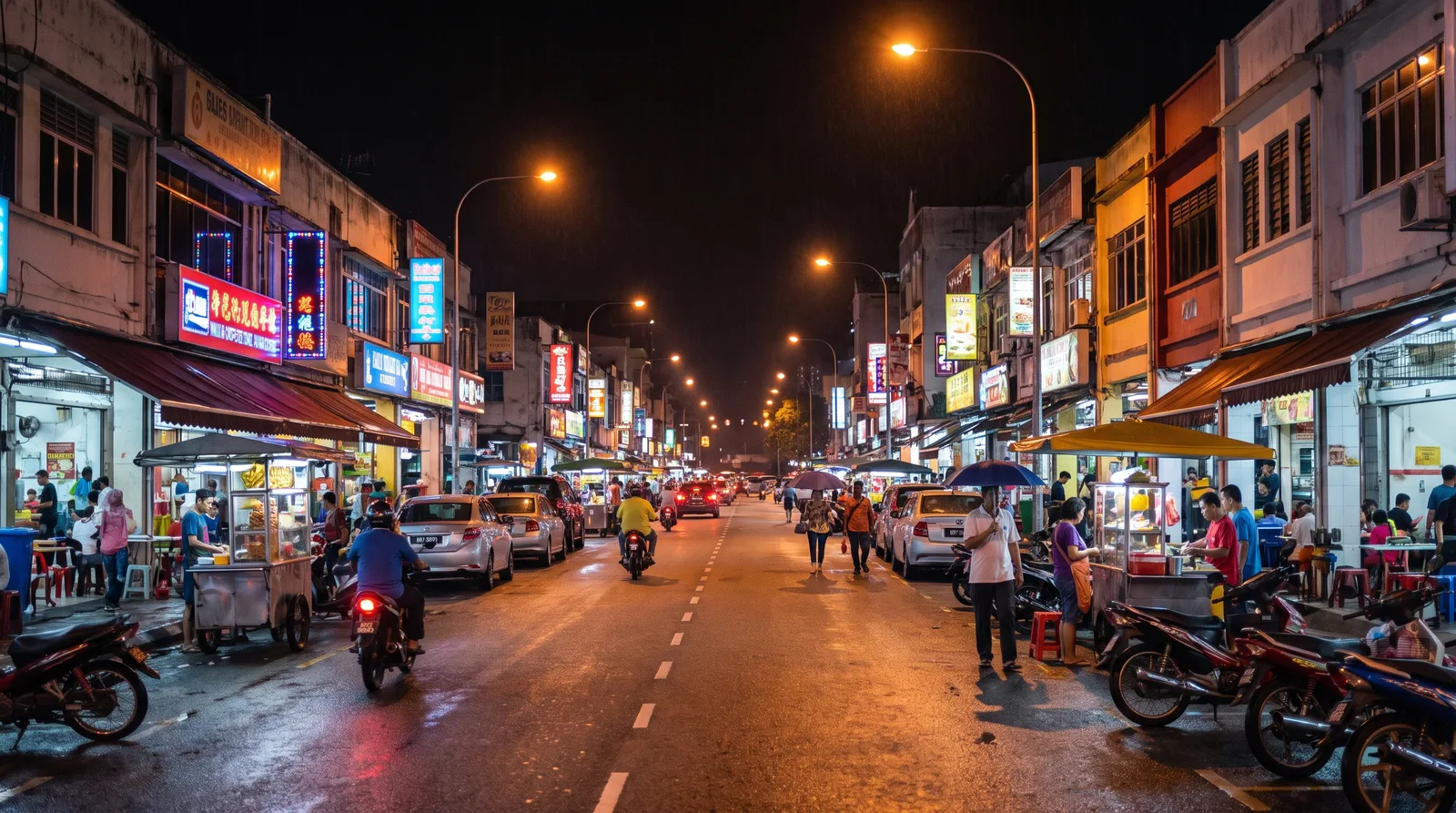 busy Malaysian commercial street at night, shopfront signs glowing along both sides of the road