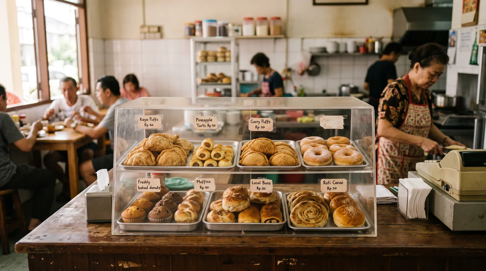 acrylic pastry display case on a cafe counter with baked goods inside, warm morning light