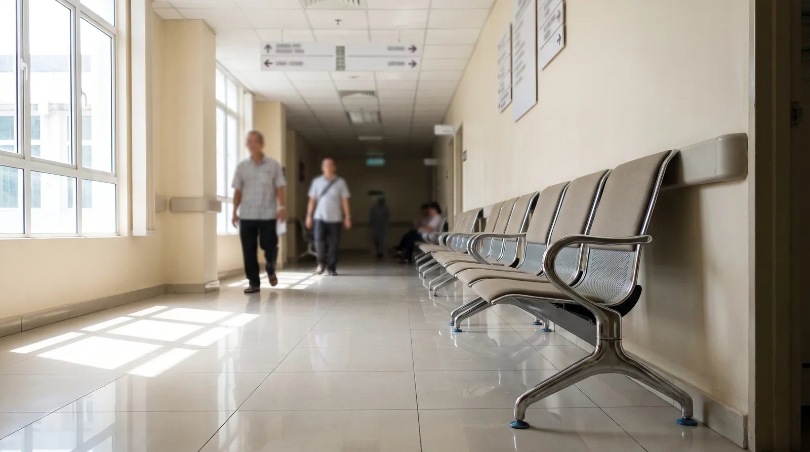 clean clinic corridor with wall-mounted directional signage and a row of waiting chairs