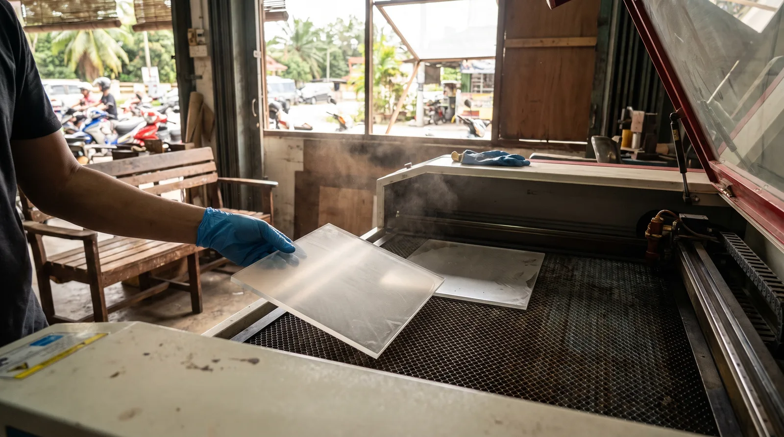 gloved hand lifting a freshly cut acrylic piece from the laser bed, protective film still on the surface