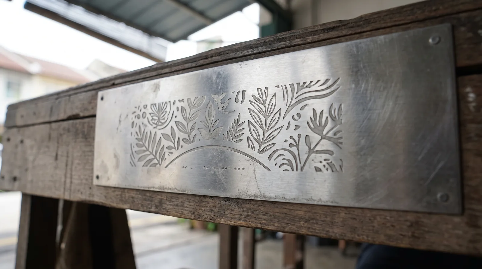 close-up of an engraved stainless steel plate showing crisp frosted engraving detail against the brushed finish