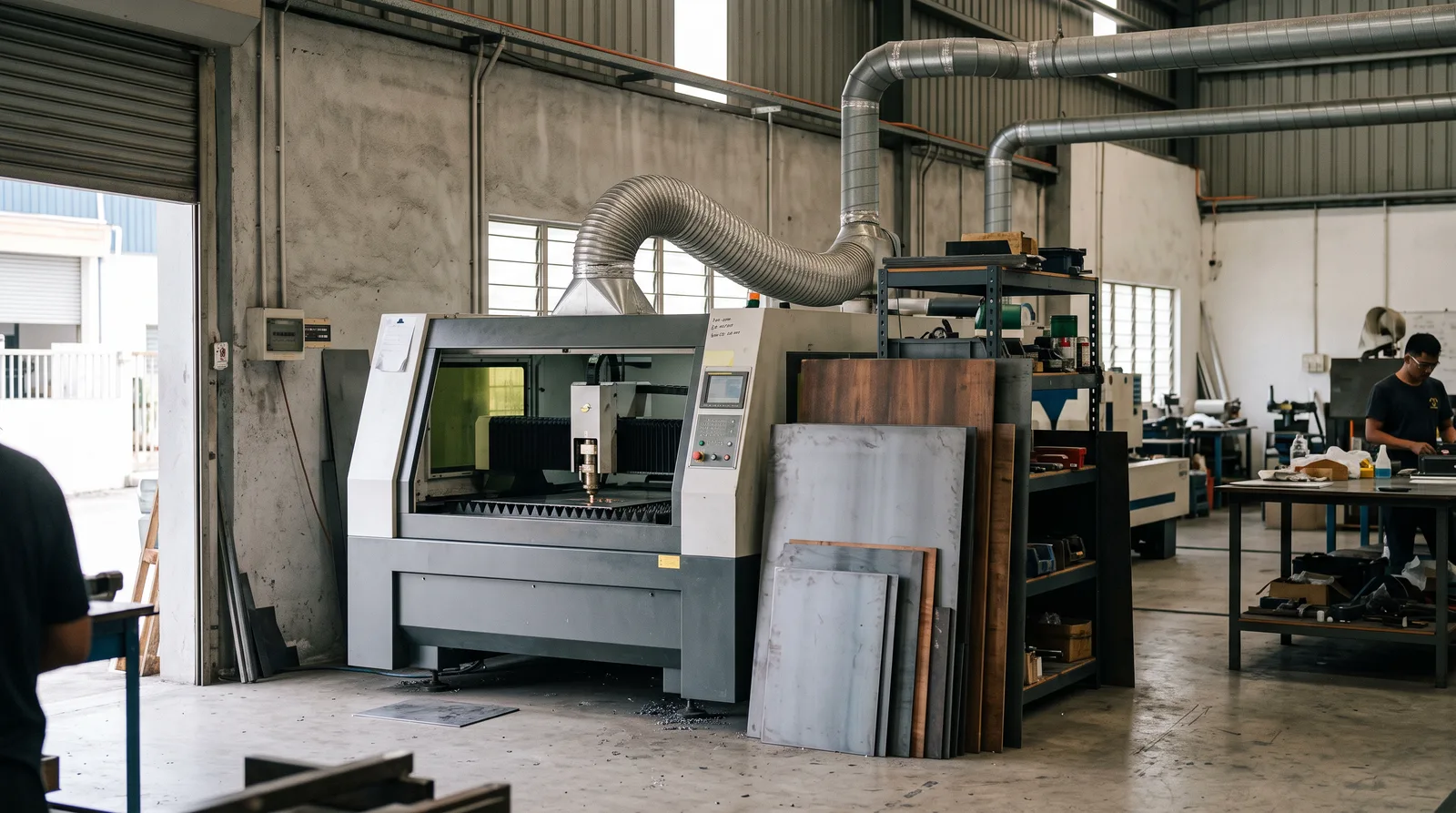tidy Malaysian fabrication workshop with a laser cutter, extraction ducting and stacked material sheets