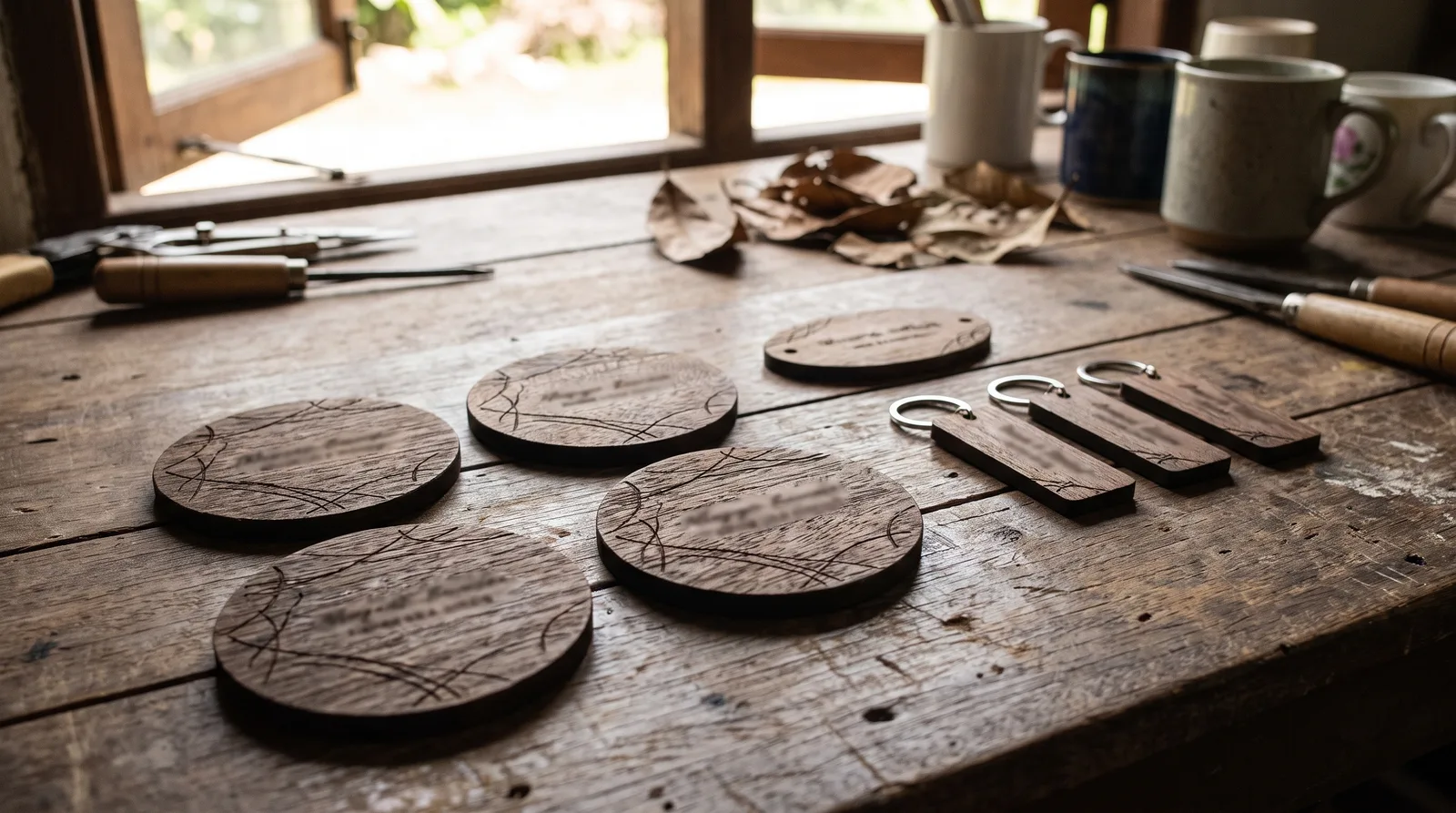 flat-lay of laser-engraved gift items arranged on a wooden table: keyrings, coasters and a small plaque