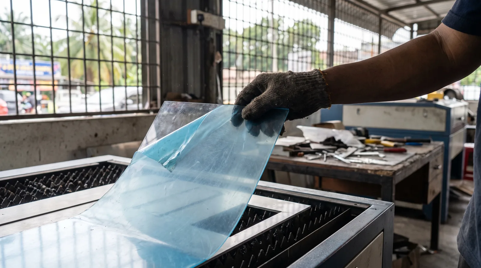 gloved hand lifting a freshly cut acrylic piece from the laser bed, protective film still on the surface