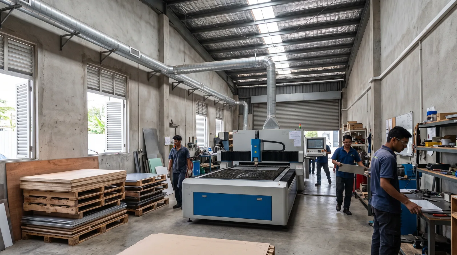 tidy Malaysian fabrication workshop with a laser cutter, extraction ducting and stacked material sheets