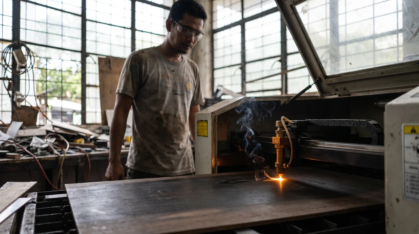 CO2 laser cutting machine engraving a flat sheet inside a workshop, bright beam spot and fine wisp of smoke