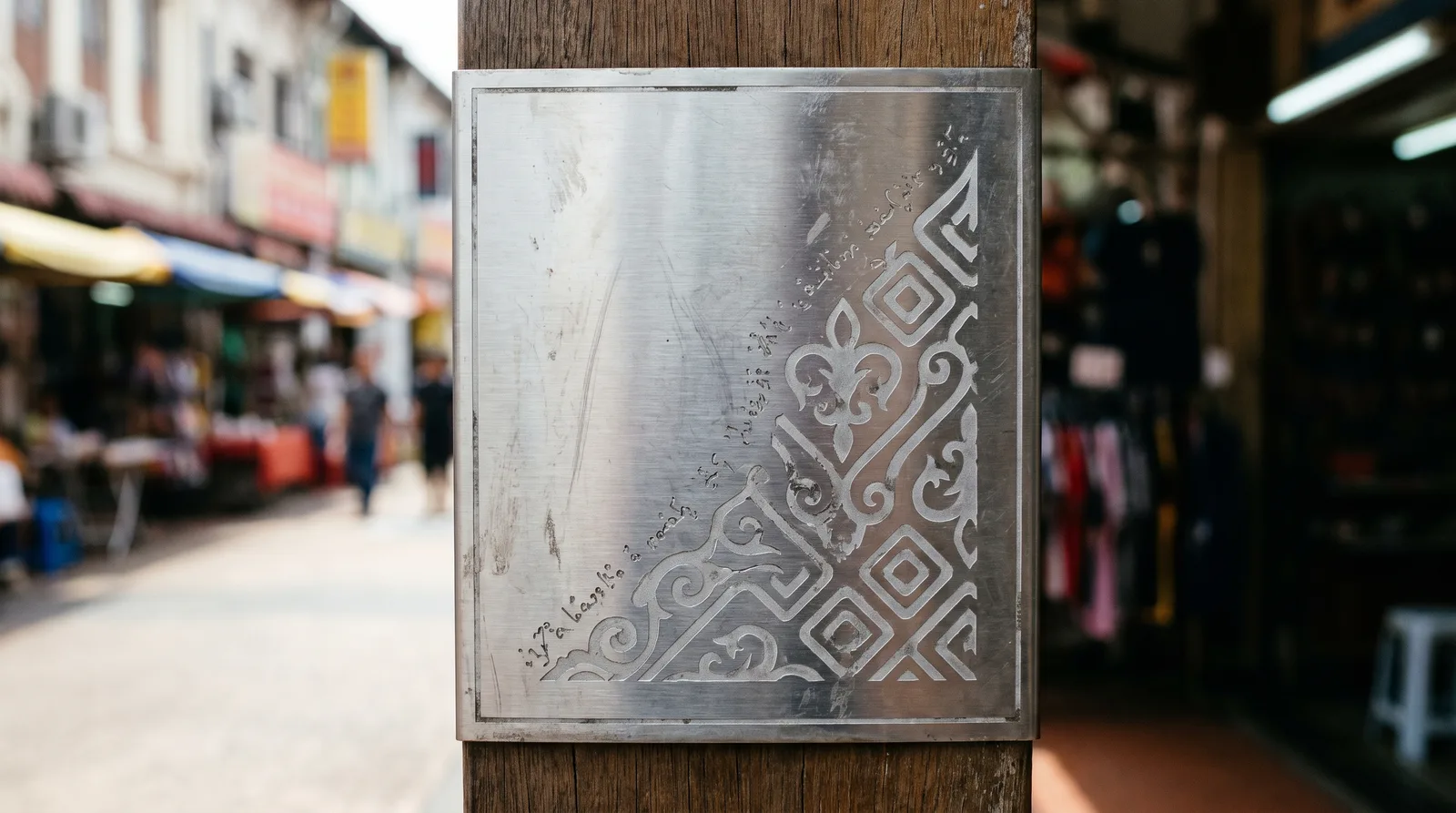 close-up of an engraved stainless steel plate showing crisp frosted engraving detail against the brushed finish