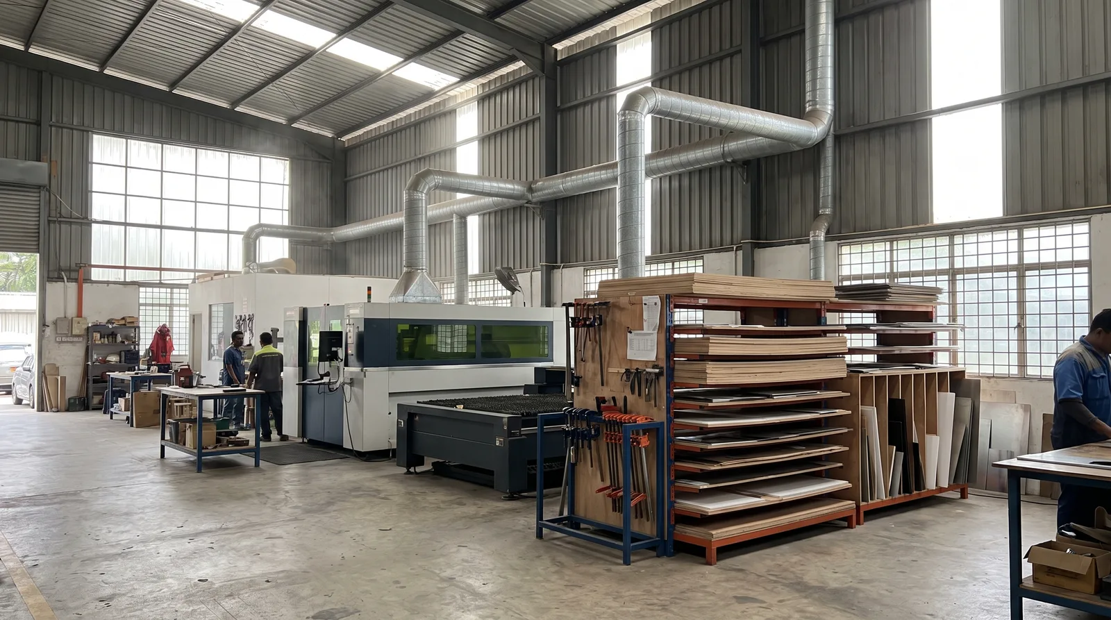 tidy Malaysian fabrication workshop with a laser cutter, extraction ducting and stacked material sheets