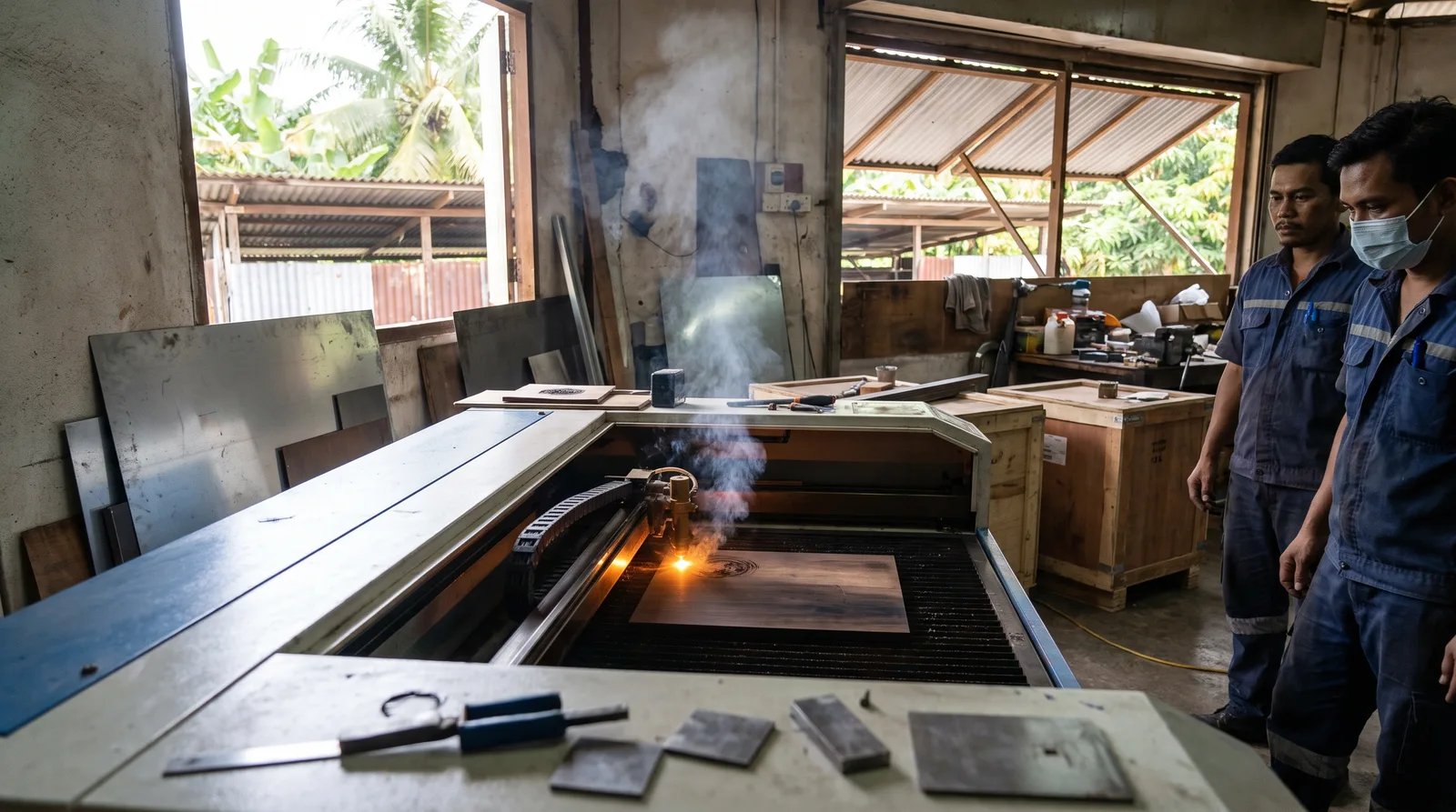 CO2 laser cutting machine engraving a flat sheet inside a workshop, bright beam spot and fine wisp of smoke