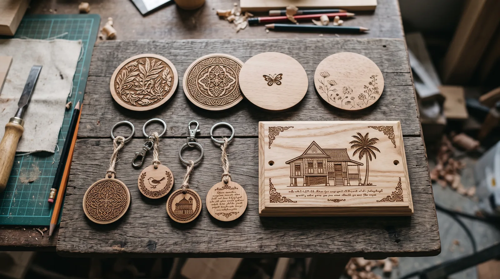 flat-lay of laser-engraved gift items arranged on a wooden table: keyrings, coasters and a small plaque