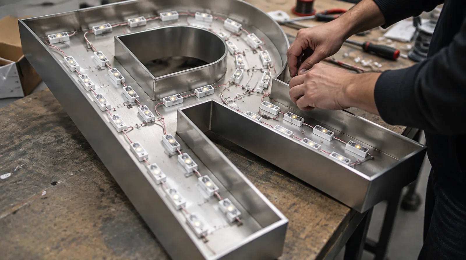 Inside of an aluminium box-up letter with rows of LED modules being wired by a technician