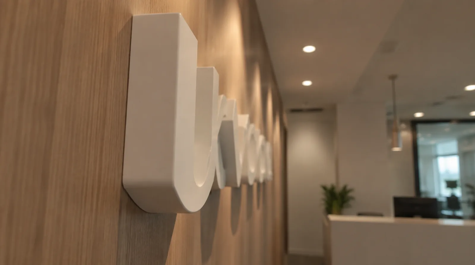 Non-illuminated white 3D PVC letters on a timber-panel office reception wall under ceiling downlights