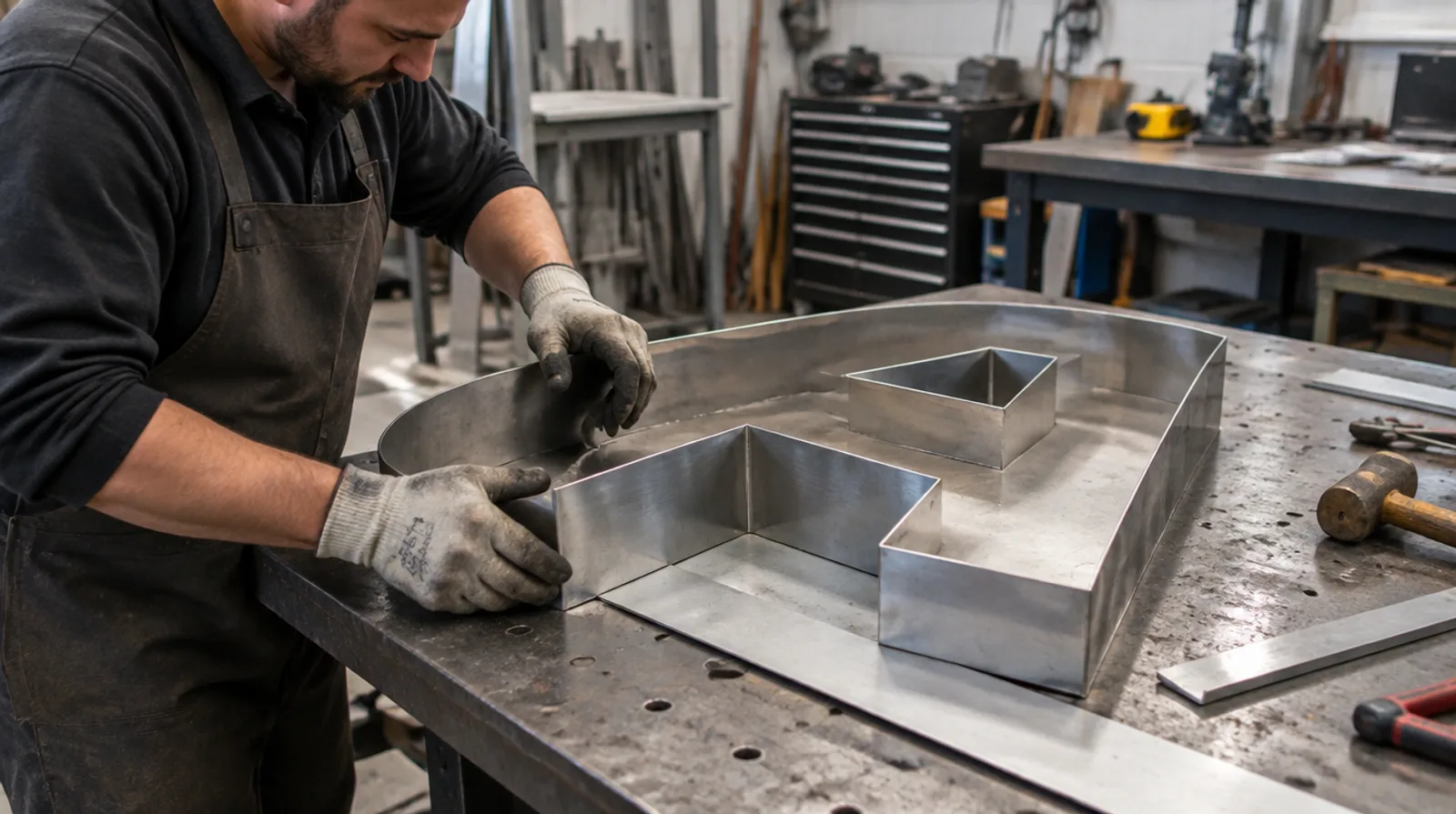 Metal fabricator bending a stainless steel strip around a letter outline to form a box-up letter side