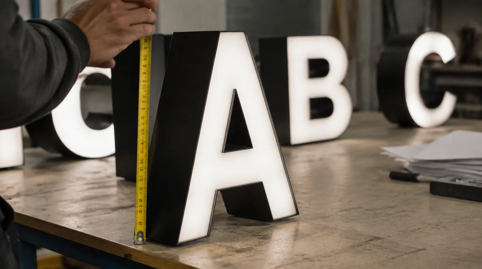 Hand holding a measuring tape against a 3D box-up letter on a workshop bench to check its height