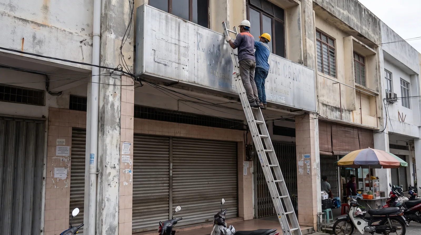 shopfront fascia signboard being installed by two workers on an aluminium ladder outside a Malaysian shoplot